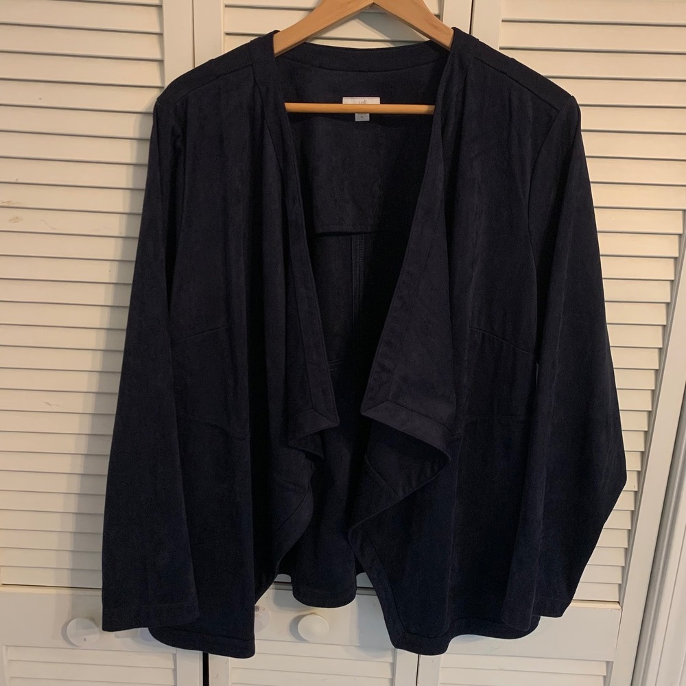 J. Jill Faux Suede Draped Open Front Jacket Pockets‎ Navy Blue Womens XL Office